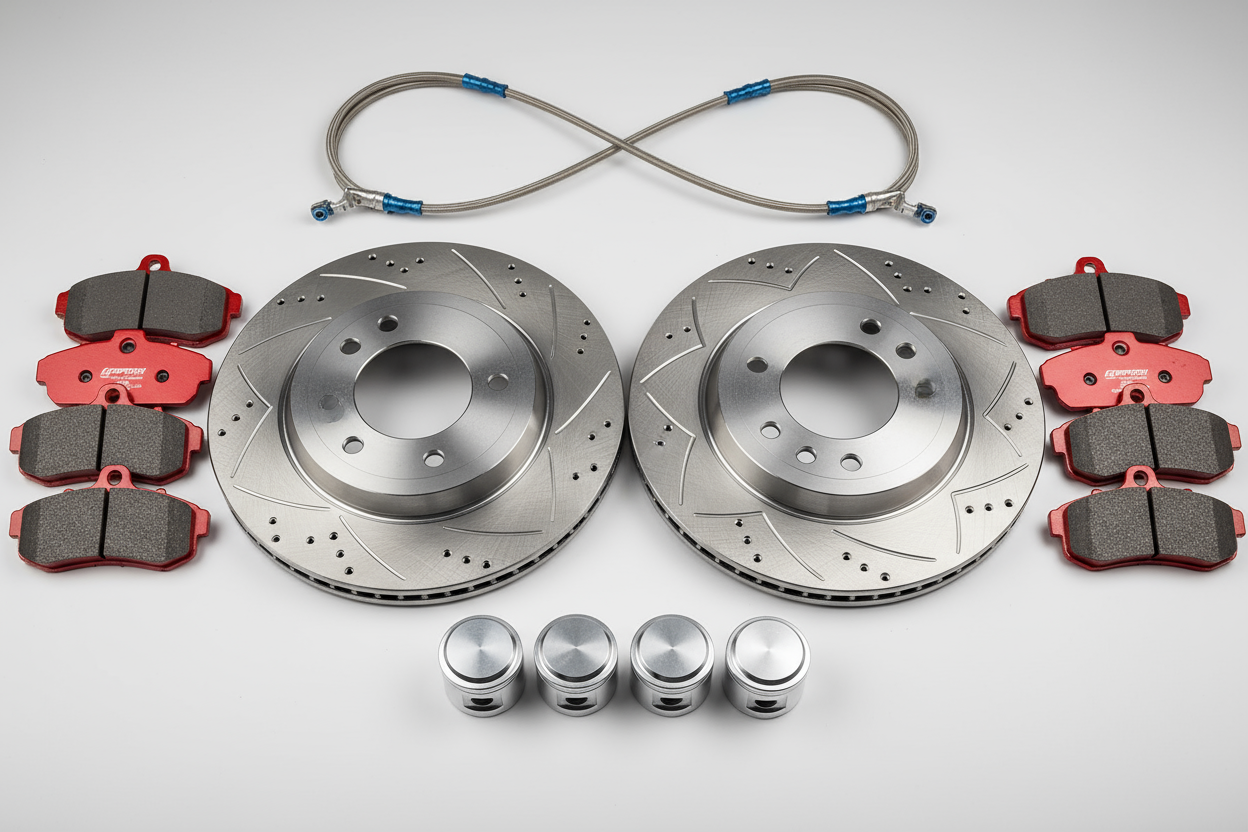 generate image of brake pads, rotors, lines, and upgraded caliper pistons